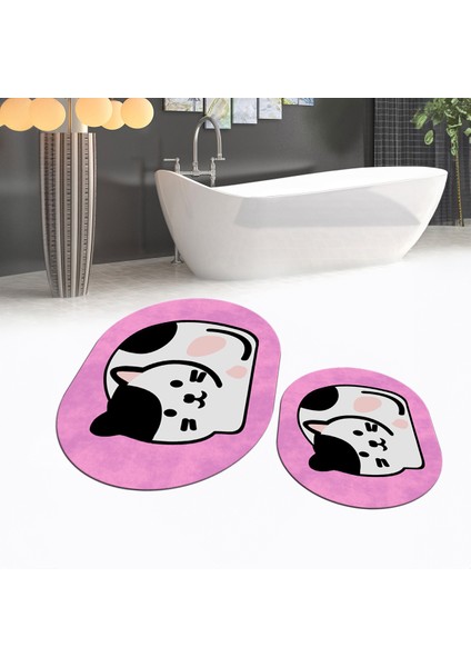 Dijital Baskılı Kaymaz Taban Yıkanabilir Oval Ikili Banyo Paspas Klozet Takımı, V-O-Klozet-43-Pembe, fiyatları