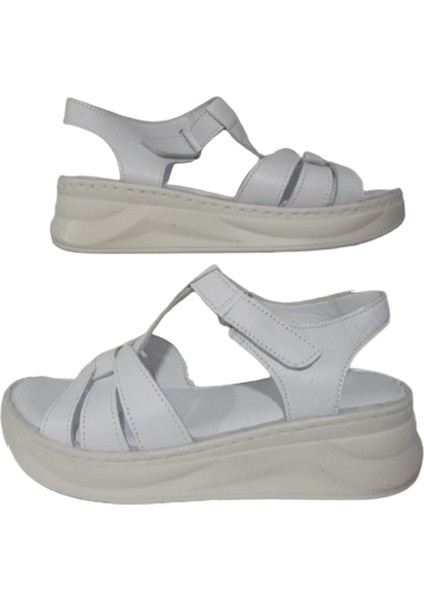 Kadın Beyaz Deri Ultra Hafif Ortopedik Taban Sandalet MR-W5922