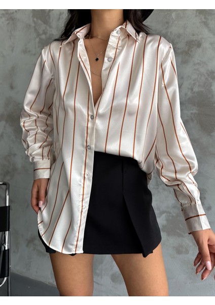 Kadın Oversize Ekru Renk Camel Ince Çizgili Detaylı Saten Gömlek
