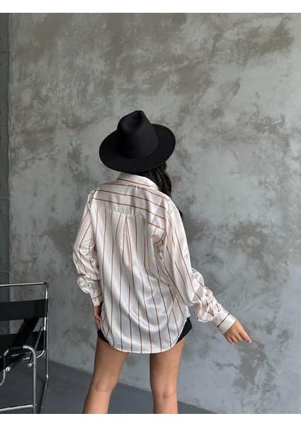 Kadın Oversize Ekru Renk Camel Ince Çizgili Detaylı Saten Gömlek