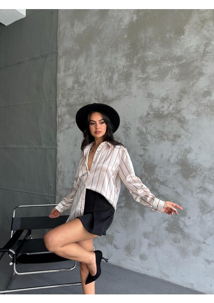 Kadın Oversize Ekru Renk Camel Ince Çizgili Detaylı Saten Gömlek