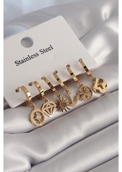 316L Çelik Gold Renk Çoklu Figür Model Kadın Küpe Seti