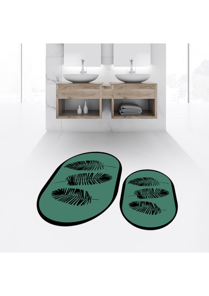 Dijital Baskılı Kaymaz Taban Yıkanabilir Oval Ikili Banyo Paspas Klozet Takımı, V-O-Klozet-26-Yeşil,