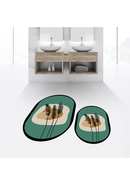 Dijital Baskılı Kaymaz Taban Yıkanabilir Oval Ikili Banyo Paspas Klozet Takımı, V-O-Klozet-28-Yeşil,