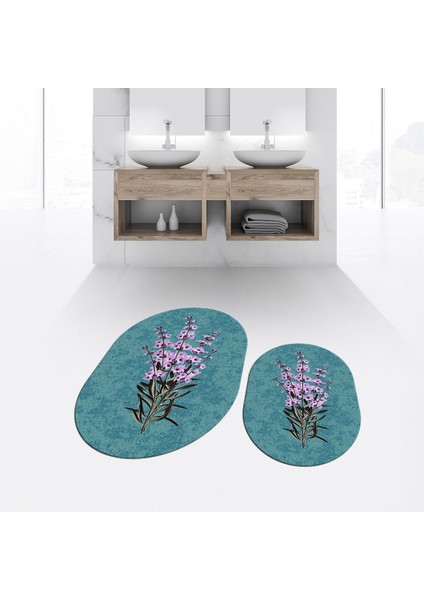 Dijital Baskılı Kaymaz Taban Yıkanabilir Oval Ikili Banyo Paspas Klozet Takımı, V-O-Klozet-29-Mavi,