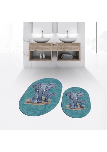 Dijital Baskılı Kaymaz Taban Yıkanabilir Oval Ikili Banyo Paspas Klozet Takımı, V-O-Klozet-33-Mavi,