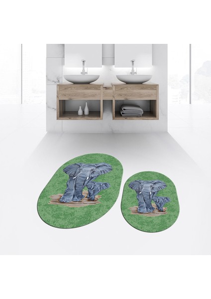 Dijital Baskılı Kaymaz Taban Yıkanabilir Oval Ikili Banyo Paspas Klozet Takımı, V-O-Klozet-33-Yeşil,