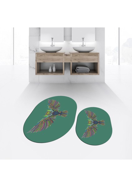 Dijital Baskılı Kaymaz Taban Yıkanabilir Oval Ikili Banyo Paspas Klozet Takımı, V-O-Klozet-37-Yeşil,