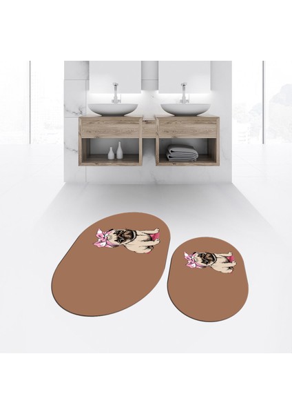 Dijital Baskılı Kaymaz Taban Yıkanabilir Oval Ikili Banyo Paspas Klozet Takımı, V-O-Klozet-38-Kahve,