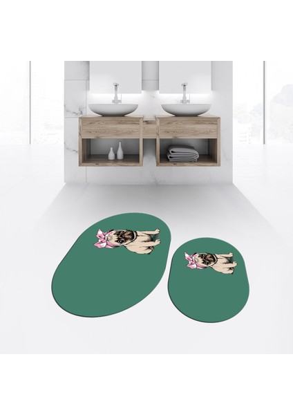 Dijital Baskılı Kaymaz Taban Yıkanabilir Oval Ikili Banyo Paspas Klozet Takımı, V-O-Klozet-38-Yeşil,