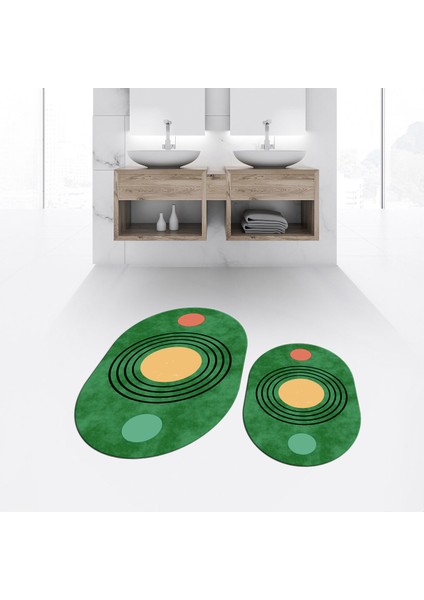 Dijital Baskılı Kaymaz Taban Yıkanabilir Oval Ikili Banyo Paspas Klozet Takımı, V-O-Klozet-49-Yeşil,