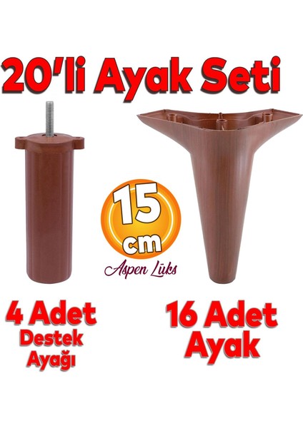 20'li Set Aspen Lüks Mobilya Kanepe Koltuk TV Ünitesi Destek Ayağı 15 cm Kahverengi Ayakları