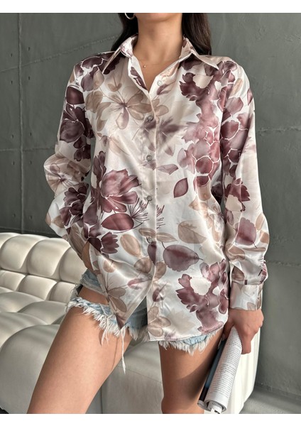 Kadın Oversize Ekru Renk Kahve Çicek Detaylı Saten Gömlek