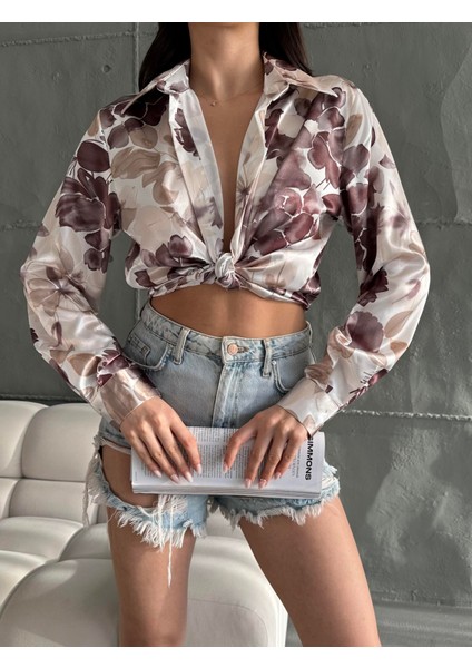 Kadın Oversize Ekru Renk Kahve Çicek Detaylı Saten Gömlek