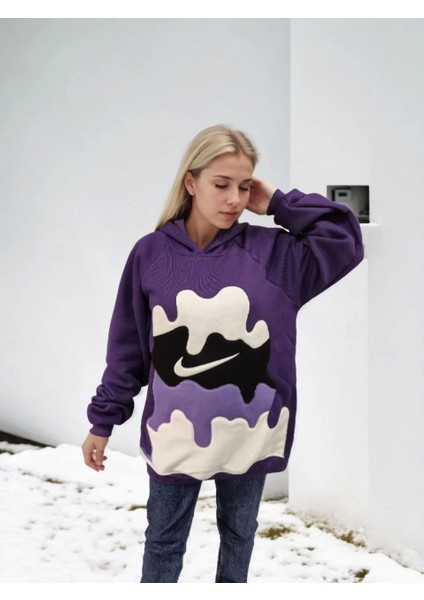 Kadın Asimetrik Parçalı Kapüşonlu Sweatshirt - Mor