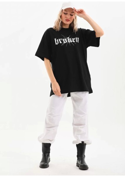 Baskılı Oversize T-Shirt - Siyah