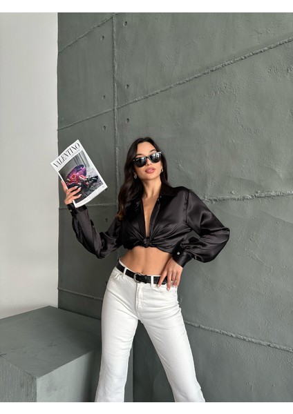 Kadın Oversize Siyah Renk Saten Gömlek fiyatları