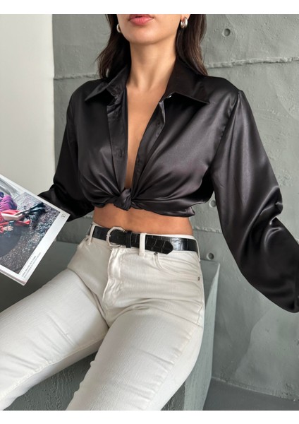Kadın Oversize Siyah Renk Saten Gömlek modelleri