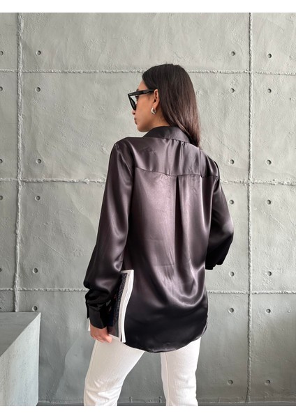 Kadın Oversize Siyah Renk Saten Gömlek fırsatları
