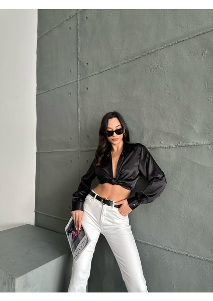 Kadın Oversize Siyah Renk Saten Gömlek indirimleri