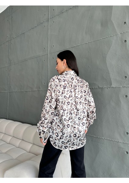 Kadın Oversize Ekru Renk Kahve Öpücük Detaylı Saten Gömlek