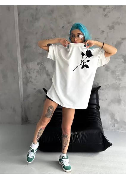 Drgy Unisex Bisiklet Yaka Baskılı Oversize T-Shirt - Beyaz