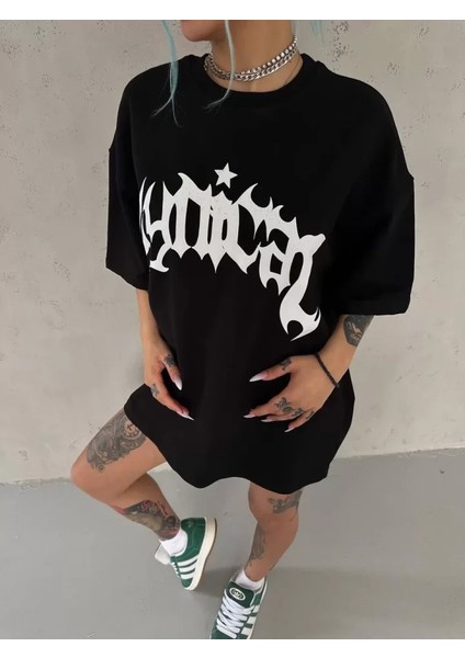 Drgy Unisex Bisiklet Yaka Baskılı Oversize T-Shirt - Siyah