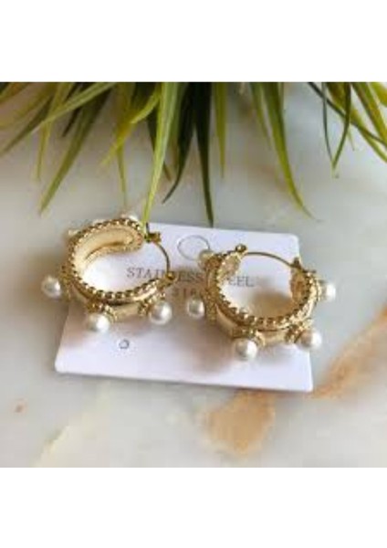 316L Gold Incili Çelik Vintage Trend Halka Küpe