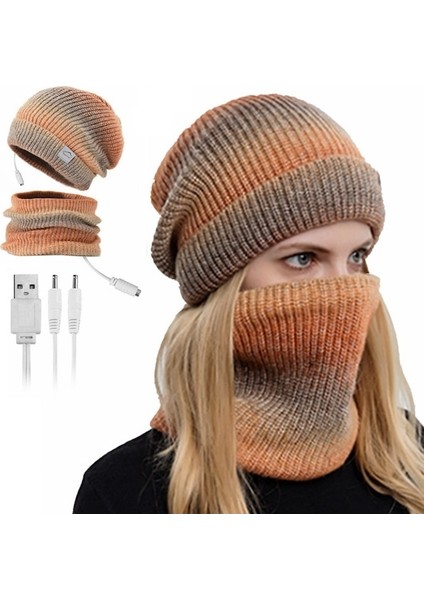 USB Isıtmalı Şapka ve Eşarp Seti Örgü Bere Şapka Boyun Isıtıcı Erkekler Kadınlar Için Yumuşak Astarlı Örme Şapka Kış Sıcak Kap - Gri (Yurt Dışından)