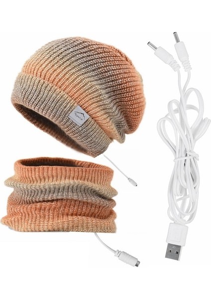 USB Isıtmalı Şapka ve Eşarp Seti Örgü Bere Şapka Boyun Isıtıcı Erkekler Kadınlar Için Yumuşak Astarlı Örme Şapka Kış Sıcak Kap - Gri (Yurt Dışından)