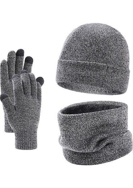 Yyh-Cc Örme Kadife Şapka, Atkı ve Eldiven Üçlü Takım-Gri (Yurt Dışından)