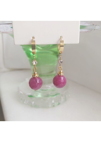 Fuşya Kristal Kuvars Taşlı Çelik Küpe