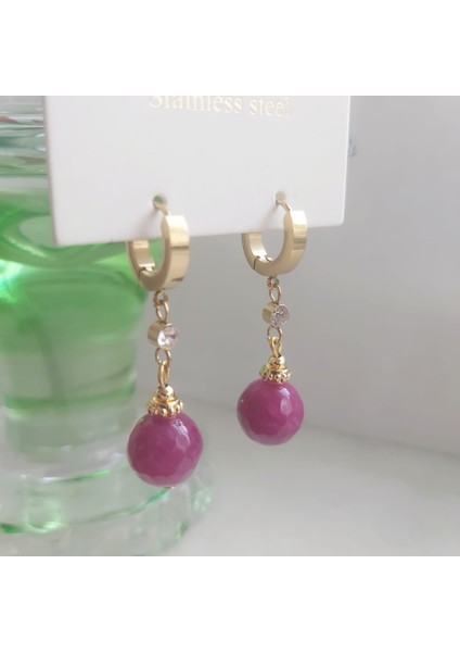 Fuşya Kristal Kuvars Taşlı Çelik Küpe modelleri