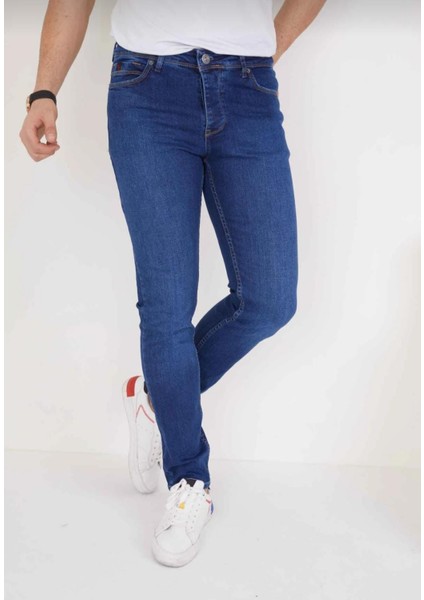 Erkek Koyu Mavi Düz Slim Fit Likralı Kot Pantolon modelleri