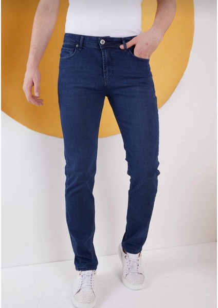 Erkek Lacivert Düz Klasik Rahat Kesim Slim Fit Likralı Kot Jeans