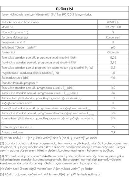 Km 9WS1100 B Enerji Sınıfı 9 kg Kurutma Makinesi