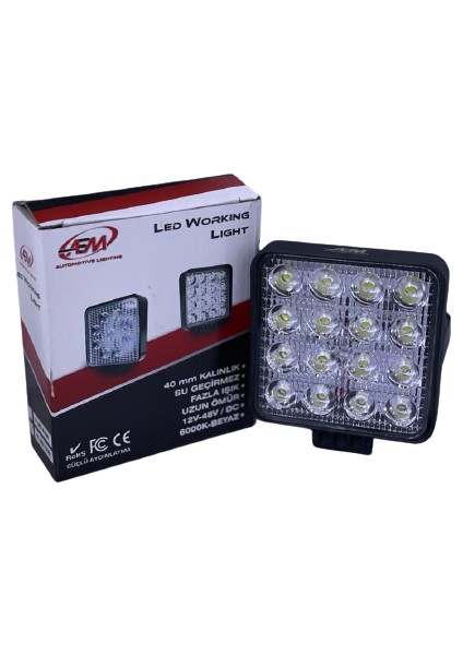 10V-30V Çalışma Lambası Kare 48W (16 x 3W Power Ledli) (106*106 Mm)