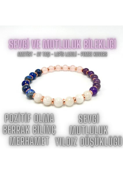 Sertifikalı Sevgi ve Mutluluk Bilekliği Doğal Taş 6mm Misinalı Ay T. Pembe K. Lapis Ametist