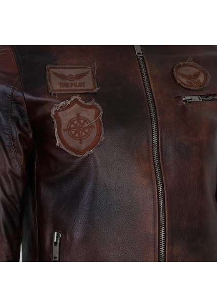 Kahve Erkek Vintage Deri Biker Ceket