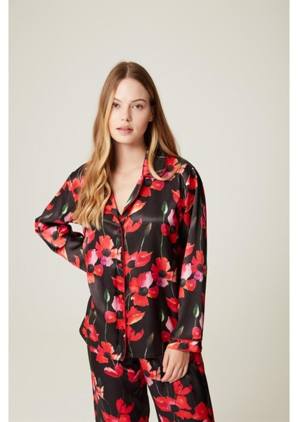 Raina-Red Flower Saten Pijama Takım Siyah