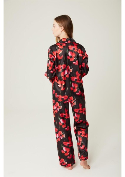 Raina-Red Flower Saten Pijama Takım Siyah