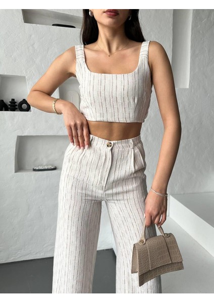 Camel Çizgili Crop Pantolon Keten Takım