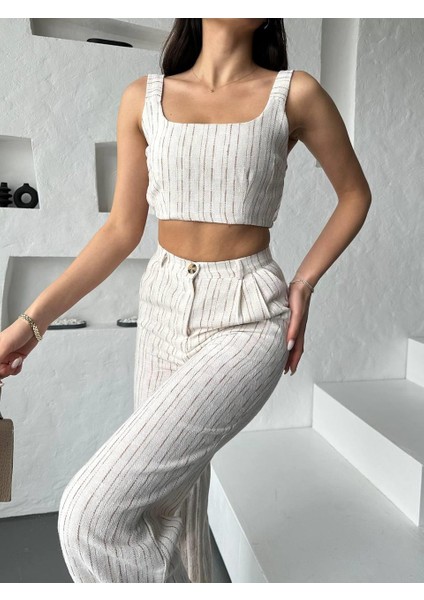 Camel Çizgili Crop Pantolon Keten Takım fiyatları
