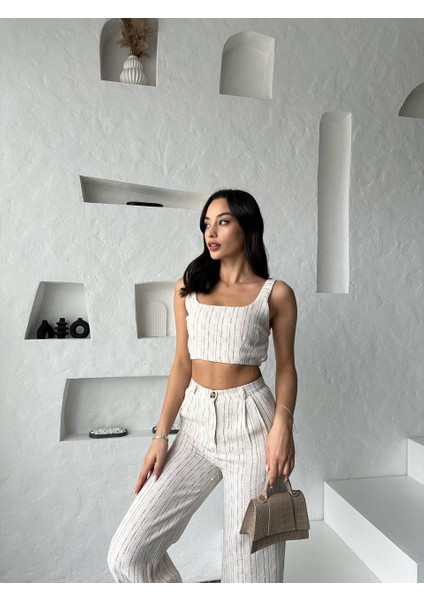 Camel Çizgili Crop Pantolon Keten Takım modelleri