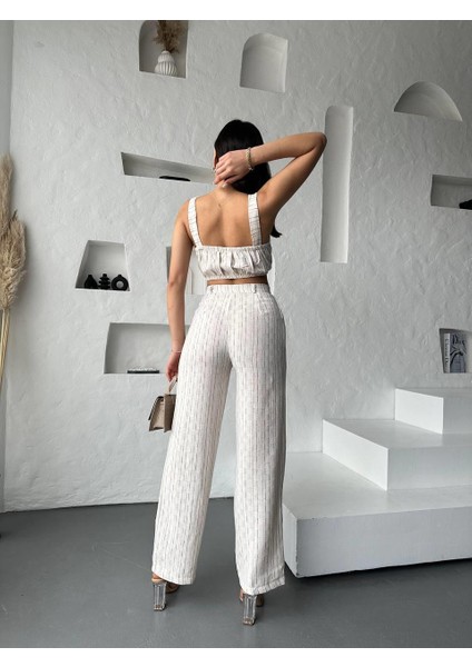 Camel Çizgili Crop Pantolon Keten Takım fırsatları
