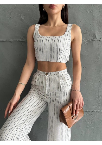 Lacivert Çizgili Crop Pantolon Keten Takım