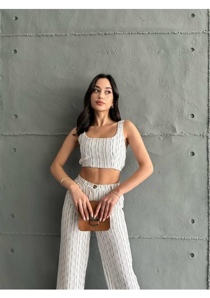 Lacivert Çizgili Crop Pantolon Keten Takım fiyatları