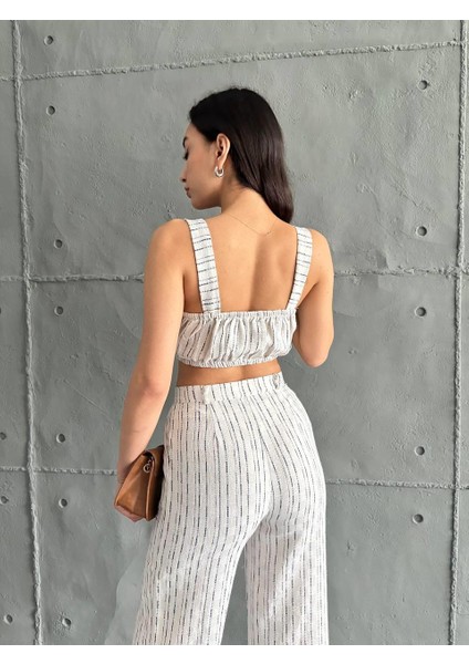 Lacivert Çizgili Crop Pantolon Keten Takım modelleri
