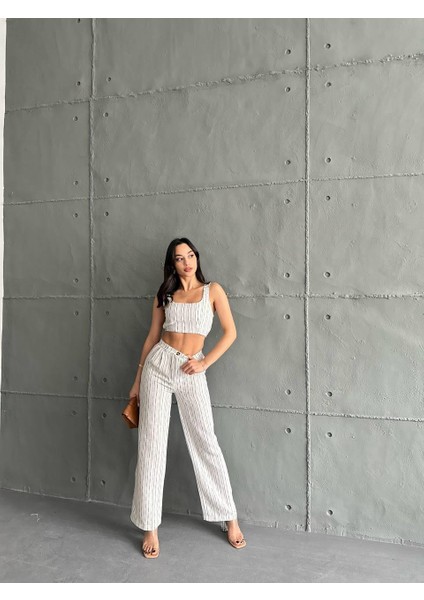 Lacivert Çizgili Crop Pantolon Keten Takım fırsatları