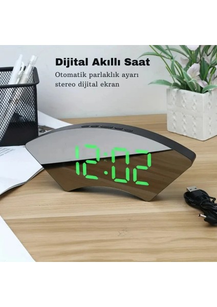 Dekoratif Masaüstü Dijital Saat Kavisli Sıcaklık Tarih Ölçen Şık USB Aynalı LED Işıklı Alarmlı Saat